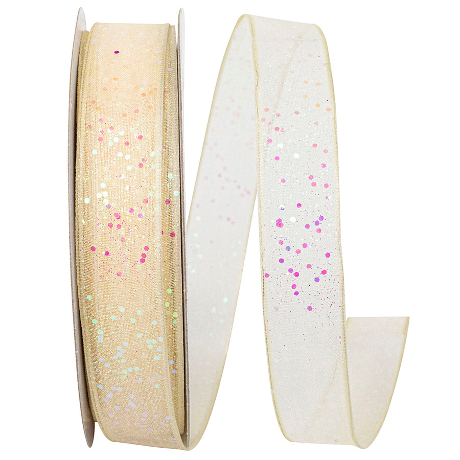 Ivory 5 8 Inch Sheer Sparkle Wired Edge Ribbon Rd for Wreaths & Bows