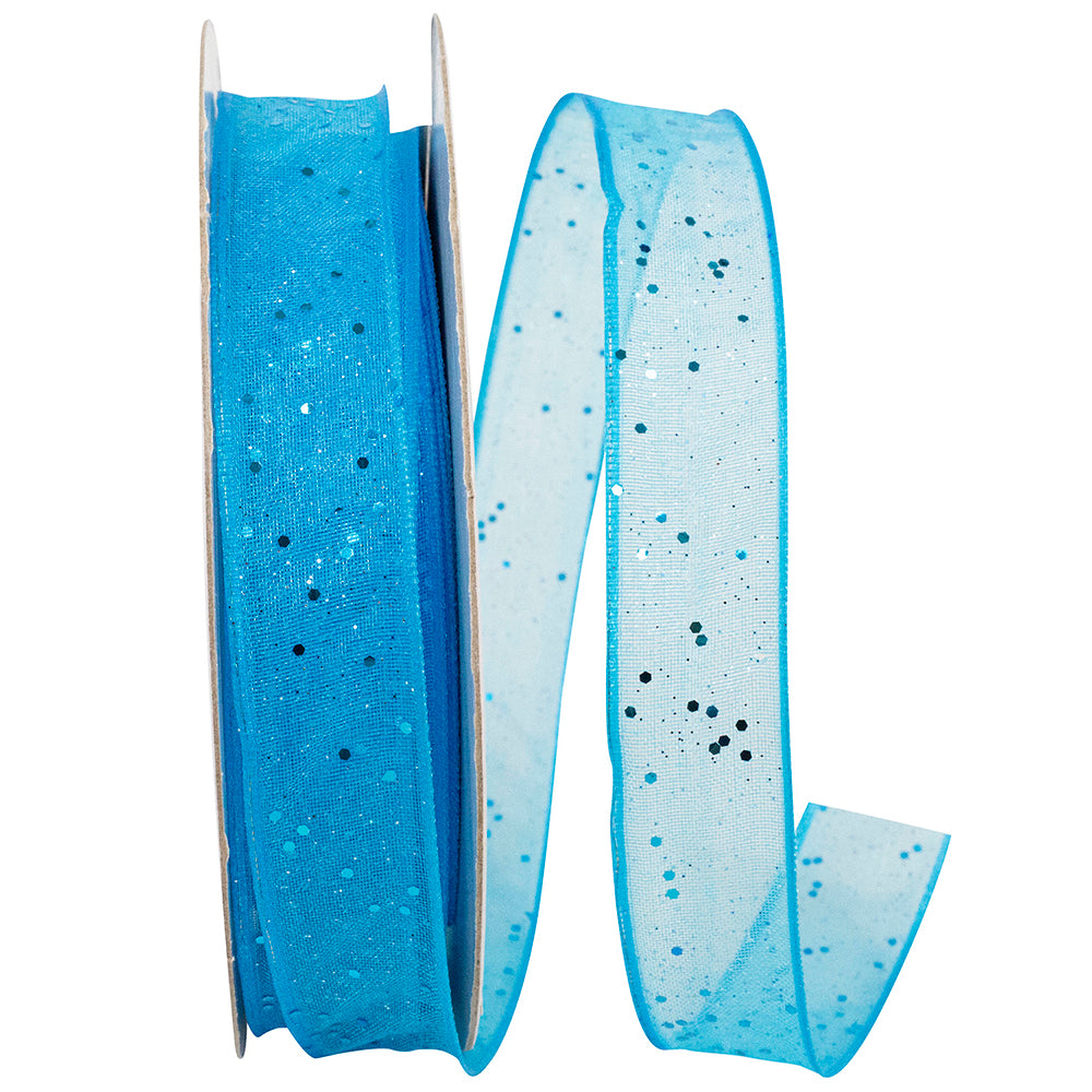 Turquoise Sheer Sparkle Wired Edge Ribbon 5/8 Inch
