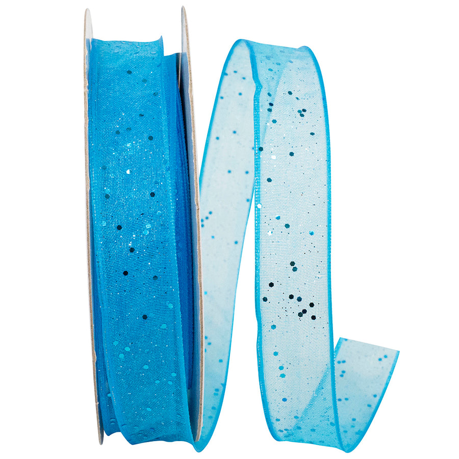 Turquoise Sheer Sparkle Wired Edge Ribbon 5/8 Inch