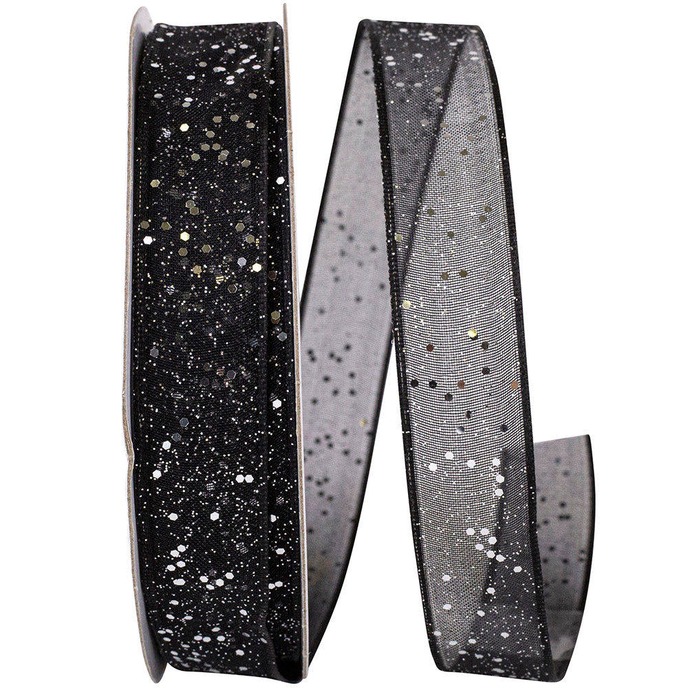 Black Silver 5 8 Inch Sheer Sparkle Wired Edge Ribbon Rd for Wreaths & Bows