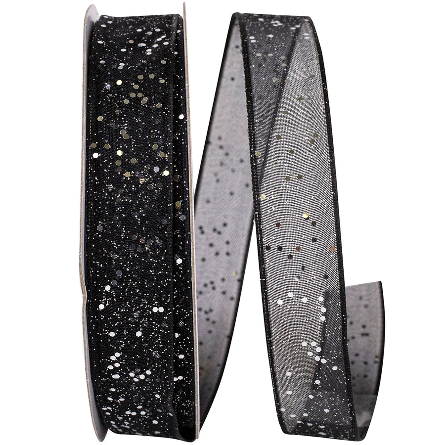 Black Silver 5 8 Inch Sheer Sparkle Wired Edge Ribbon Rd for Wreaths & Bows