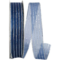 Navy Silver Metallic Organza Stripe Ribbon 5/8 Inch
