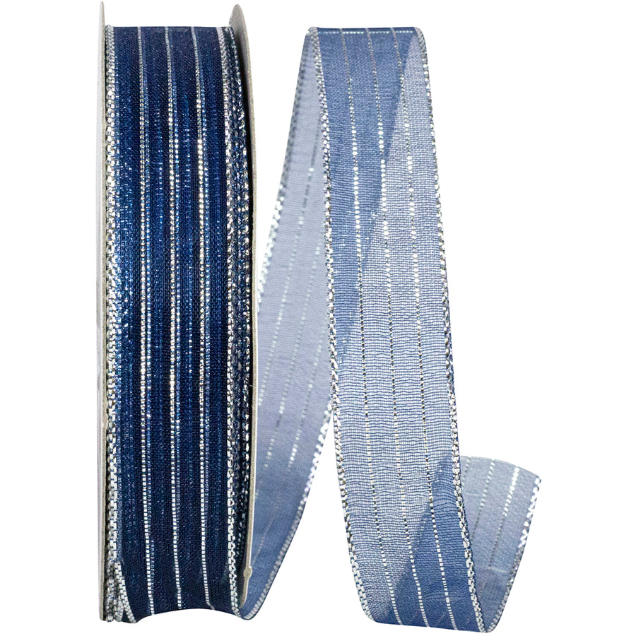 Navy Silver Metallic Organza Stripe Ribbon 5/8 Inch