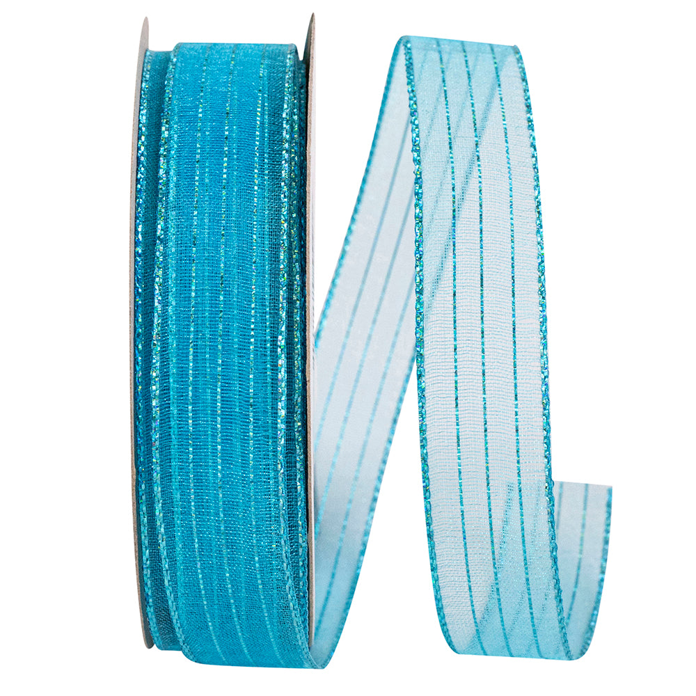 Turquoise Metallic Organza Stripe Ribbon 5/8 Inch 25 Yards