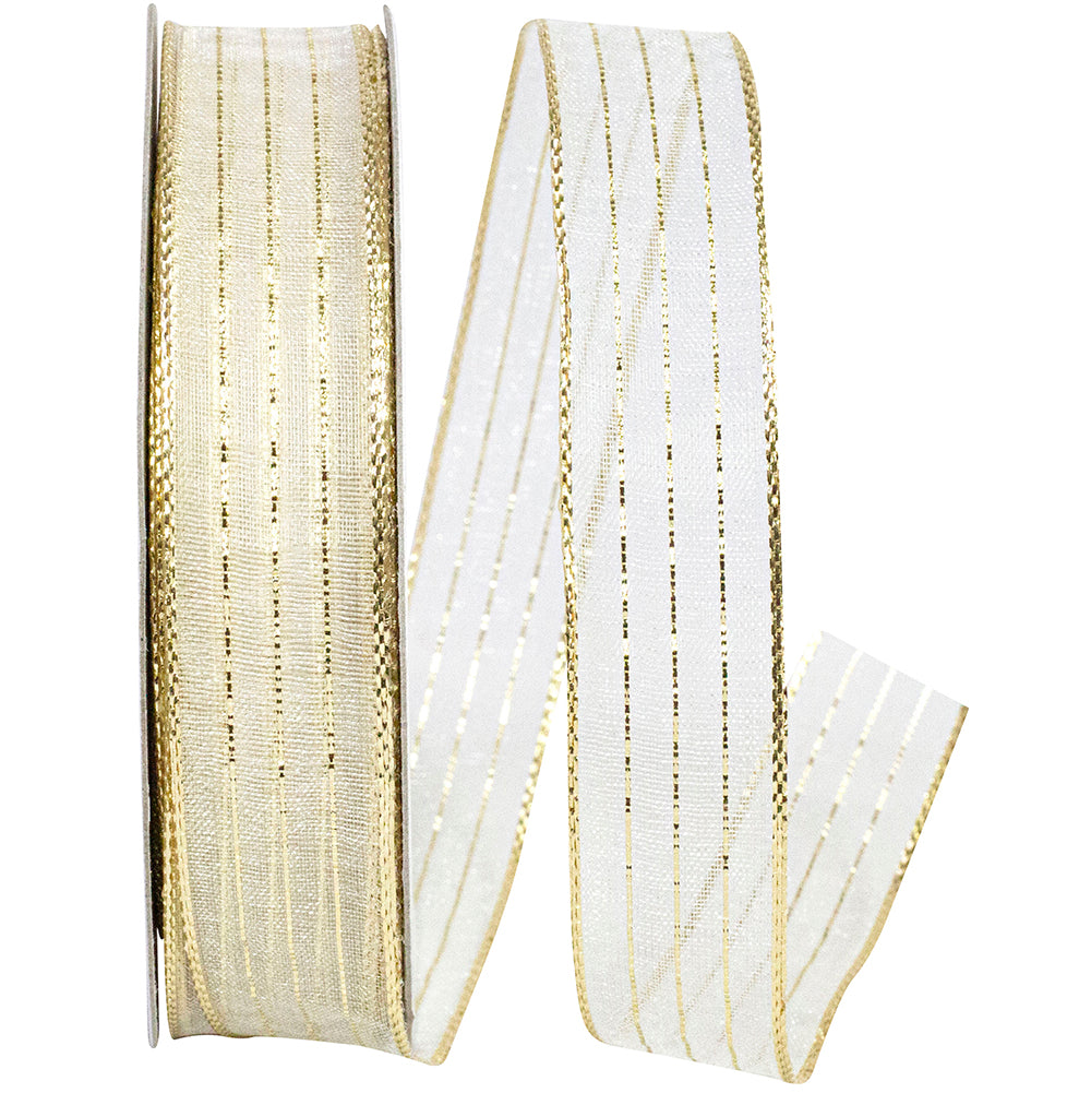 Metallic Organza Stripe Ribbon White Gold 5/8 Inch