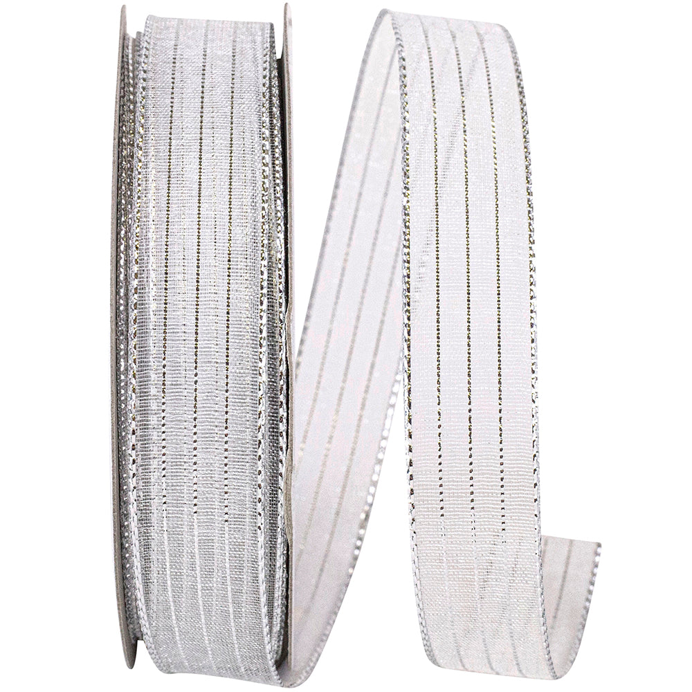 Metallic Organza Stripe Ribbon White Silver 5/8 Inch