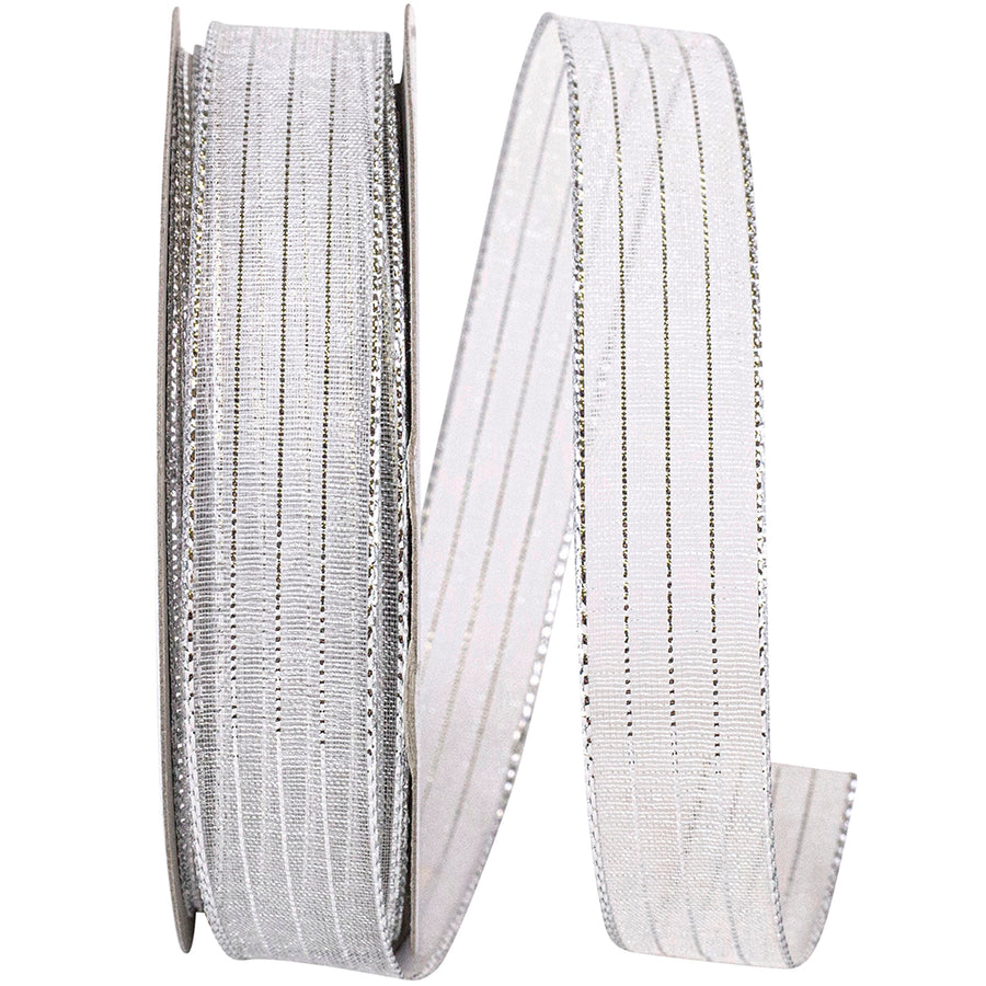 Metallic Organza Stripe Ribbon White Silver 5/8 Inch