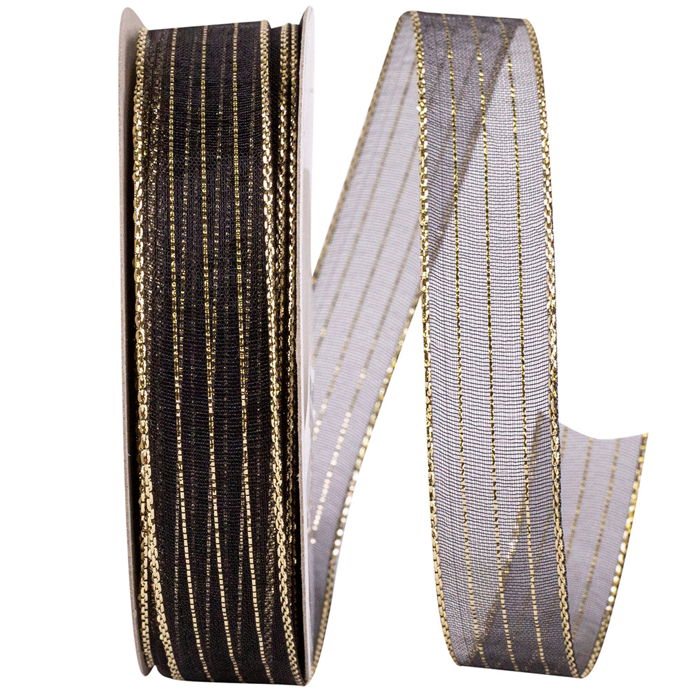 Metallic Organza Stripe Ribbon Black Gold 5/8 Inch