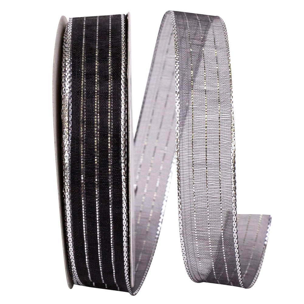 Metallic Organza Stripe Ribbon Black Silver 5/8 Inch