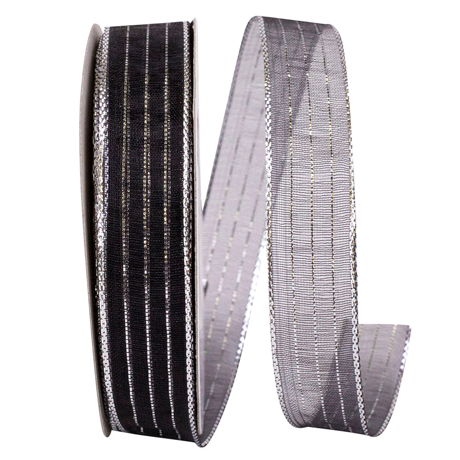 Metallic Organza Stripe Ribbon Black Silver 5/8 Inch