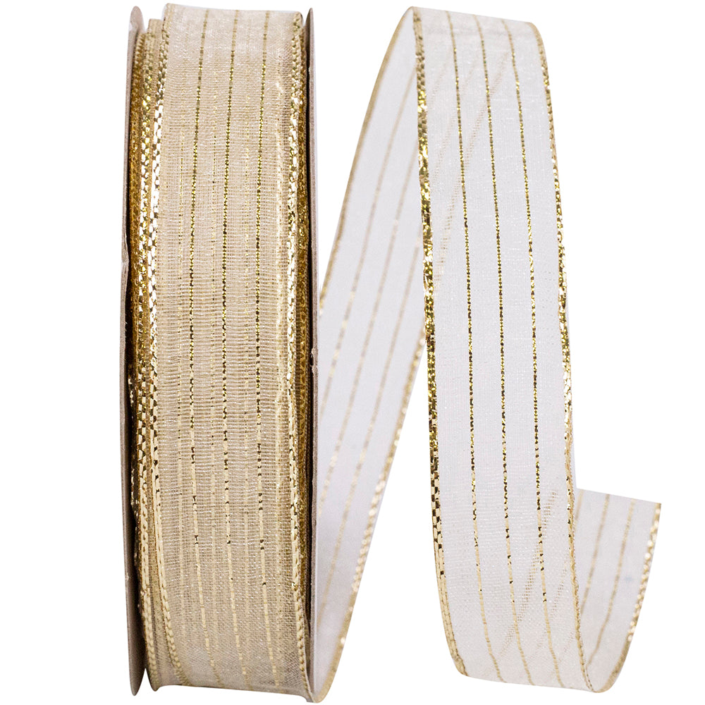 Metallic Organza Stripe Ribbon Ivory Gold 5/8 Inch 25Yds