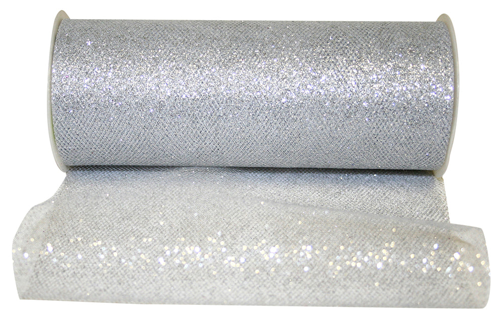 Glitter Tulle Ribbon 6 Inch White Silver 25Yds