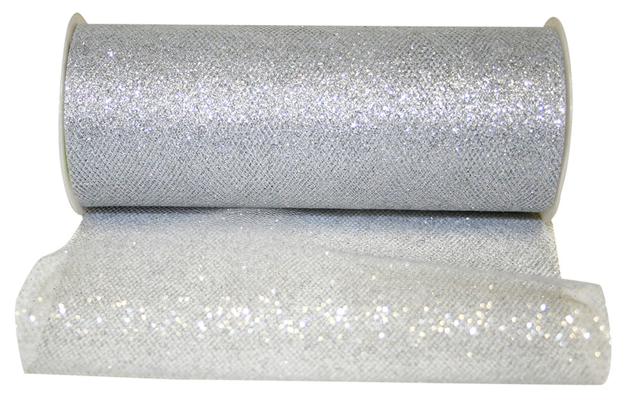 Glitter Tulle Ribbon 6 Inch White Silver 25Yds