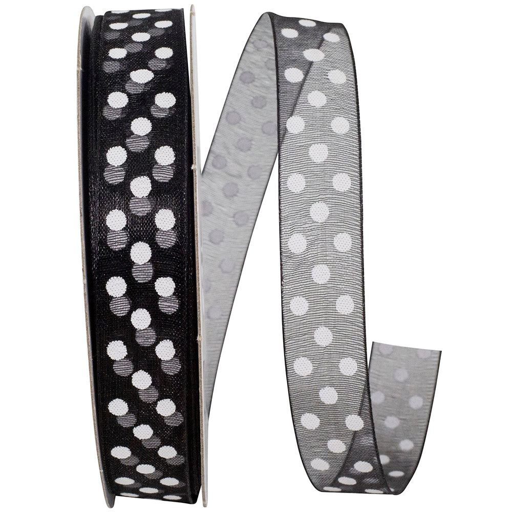Chiffon Swiss Dots Ribbon Black White 5/8 Inch 25 Yards