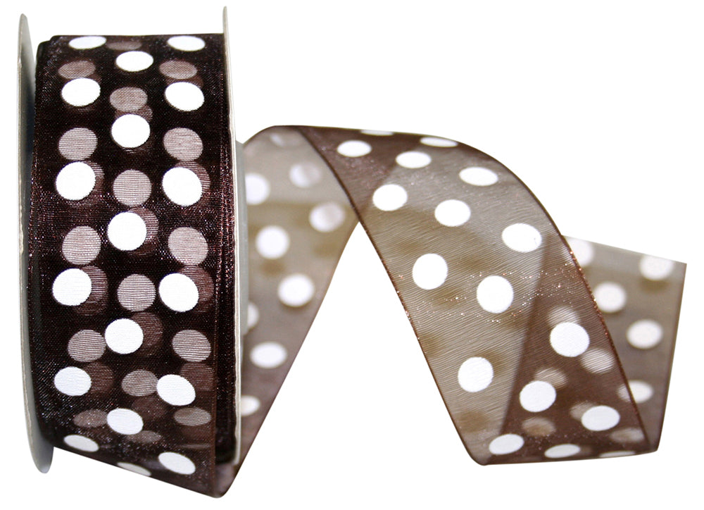 Chiffon Aspirin Dots Ribbon Brown 1-1/2 Inch for Bows