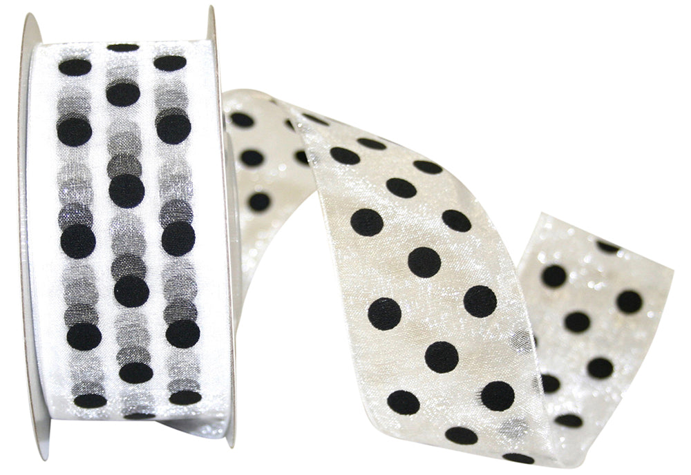 Chiffon Aspirin Dots Ribbon White Black 1-1/2 Inch 25 Yards