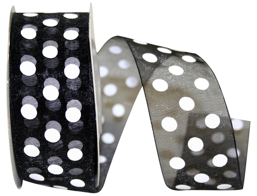 Chiffon Aspirin Dots Ribbon Black White 1-1/2 Inch 25Yds