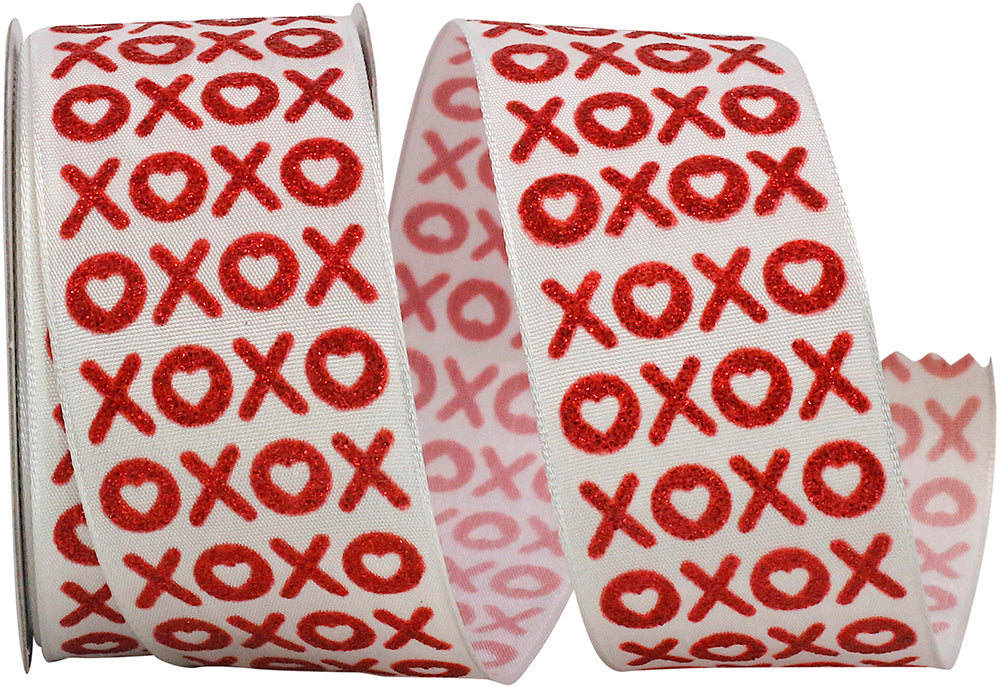 Xo Fun Glitter Wired Edge Ribbon White Red 1-1/2 Inch