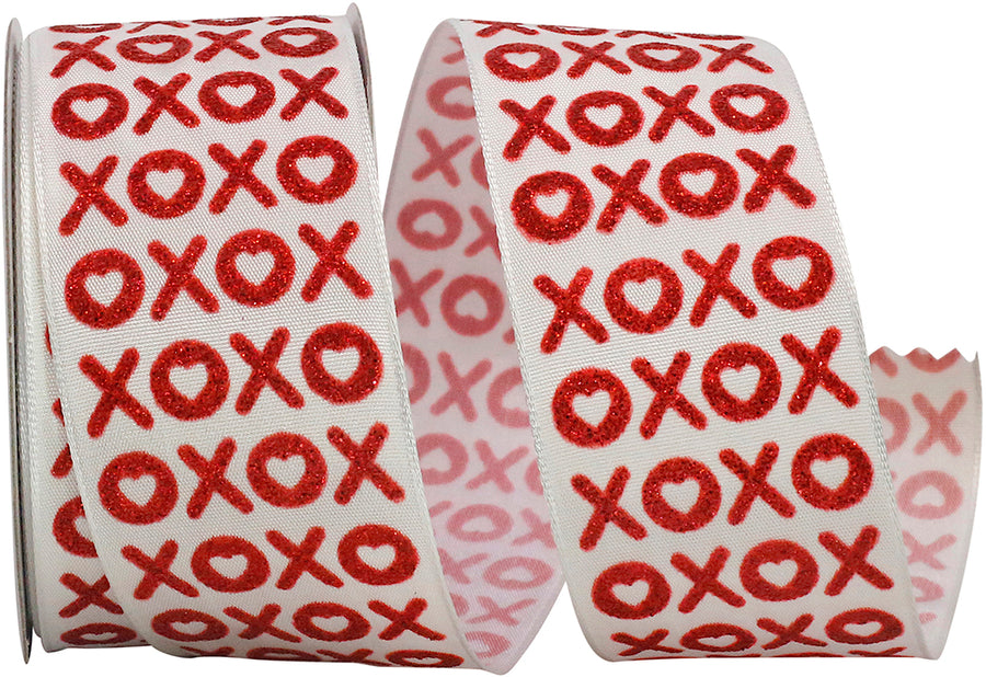 Xo Fun Glitter Wired Edge Ribbon White Red 1-1/2 Inch