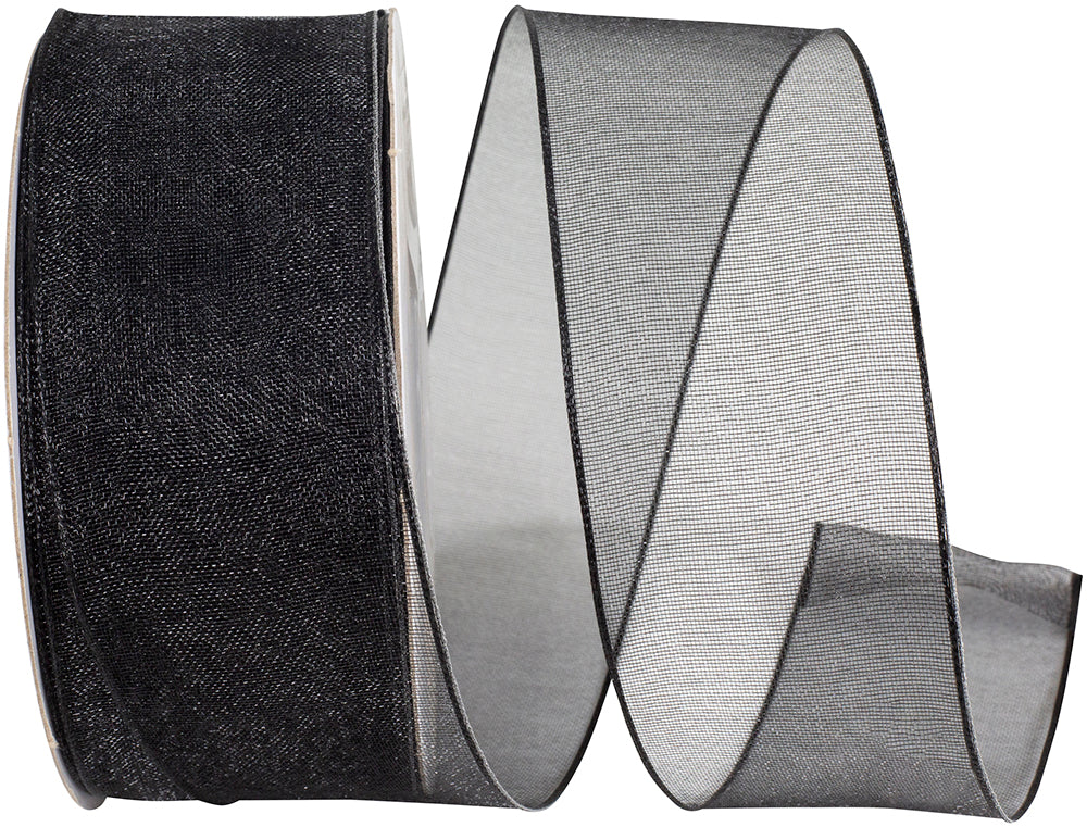 Black 1-1 2 Inch Elegant Woven Sheer Wired Edge Ribbon for Wreaths & Bows