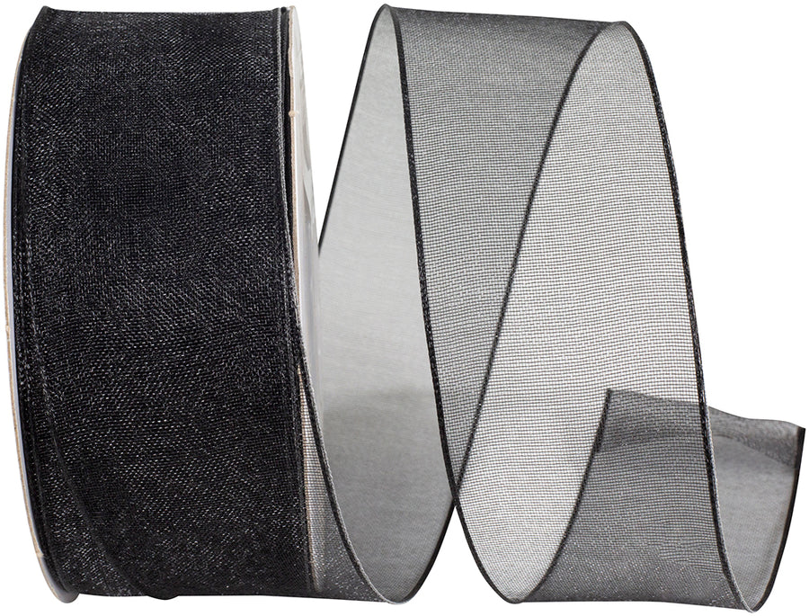 Black 1-1 2 Inch Elegant Woven Sheer Wired Edge Ribbon for Wreaths & Bows
