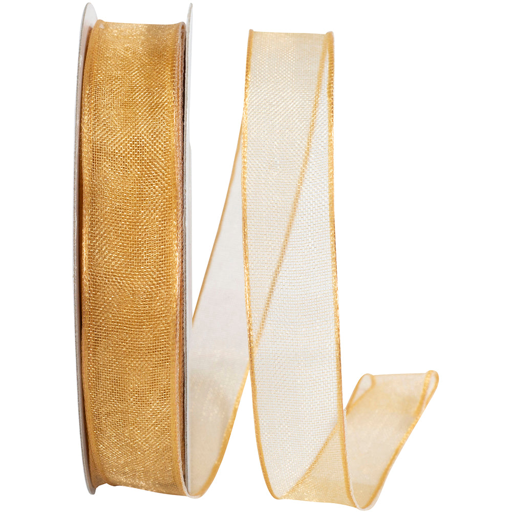 Gold 5 8 Inch Elegant Woven Sheer Wired Edge Ribbon for Wreaths & Bows