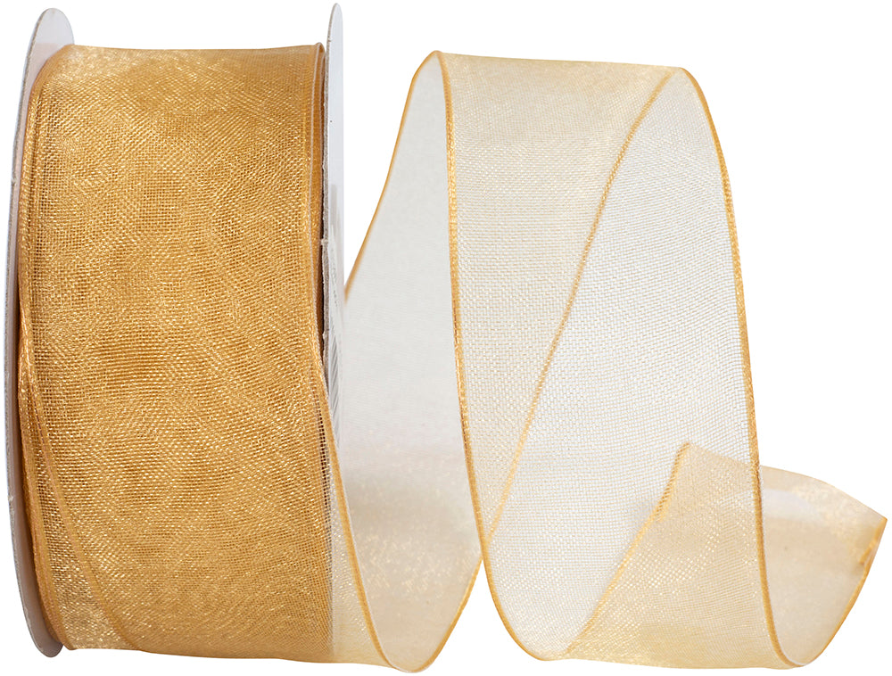 Gold 1-1 2 Inch Elegant Woven Sheer Wired Edge Ribbon for Wreaths & Bows