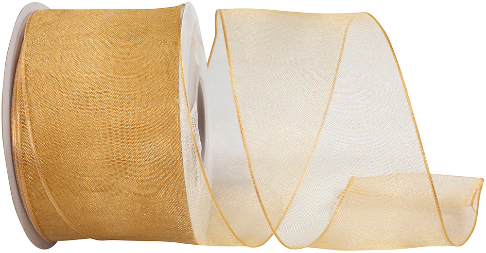 Gold 2-1 2 Inch Elegant Woven Sheer Wired Edge Ribbon for Wreaths & Bows