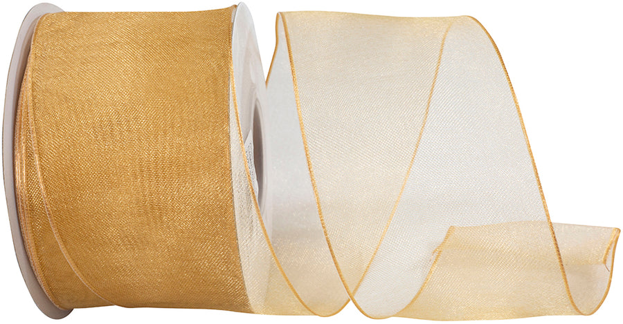 Gold 2-1 2 Inch Elegant Woven Sheer Wired Edge Ribbon for Wreaths & Bows