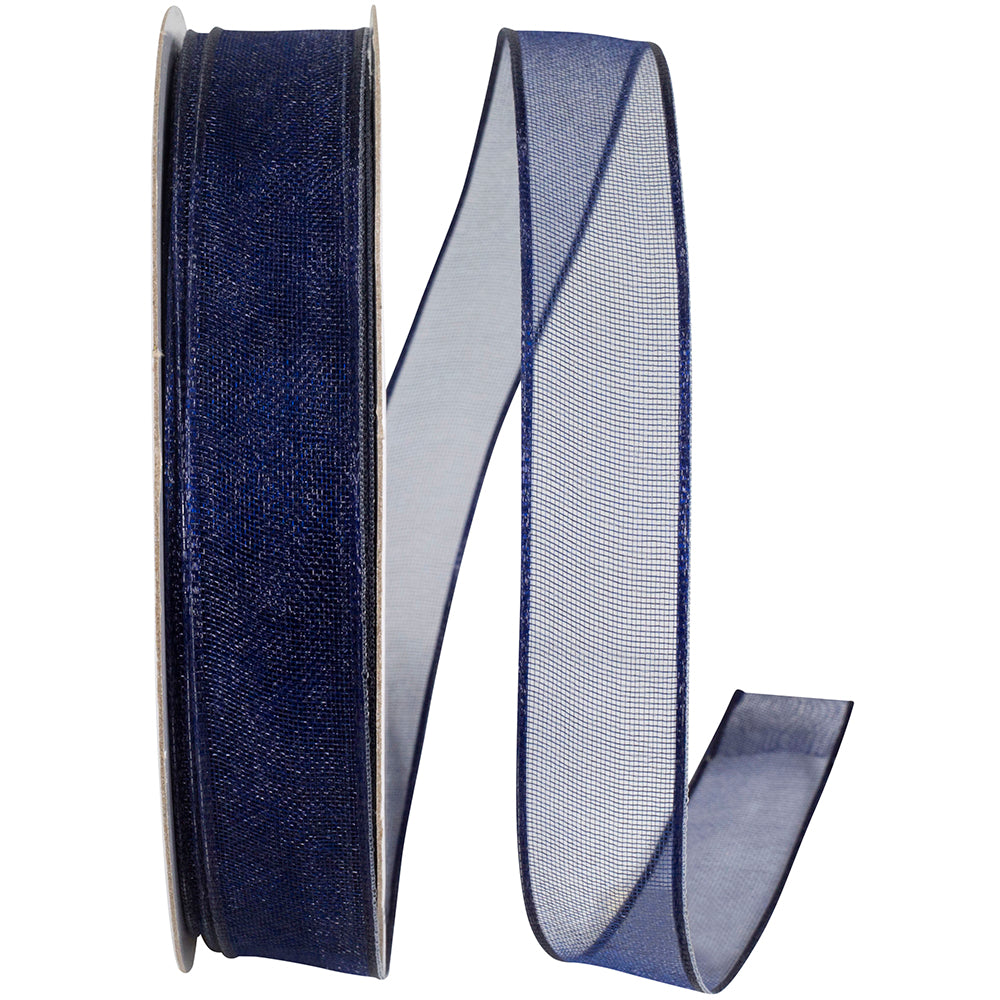 Navy 5 8 Inch Elegant Woven Sheer Wired Edge Ribbon for Wreaths & Bows