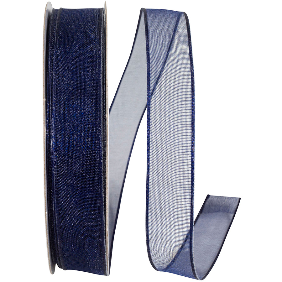 Navy 5 8 Inch Elegant Woven Sheer Wired Edge Ribbon for Wreaths & Bows