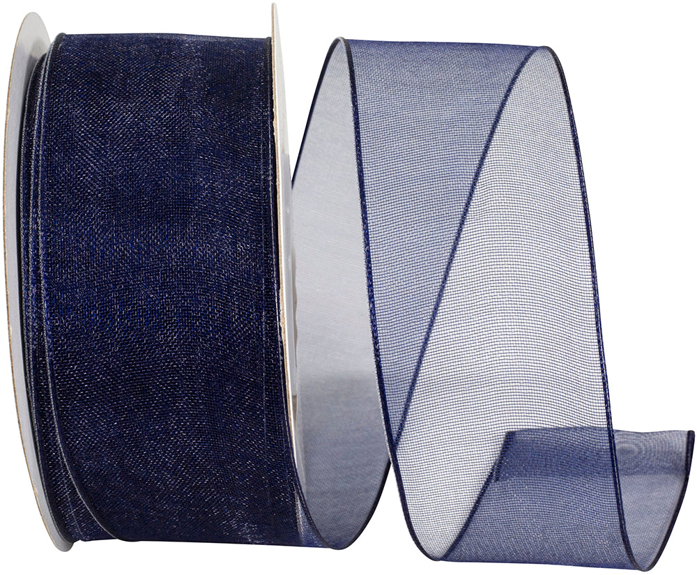 Navy 1-1 2 Inch Elegant Woven Sheer Wired Edge Ribbon for Wreaths & Bows
