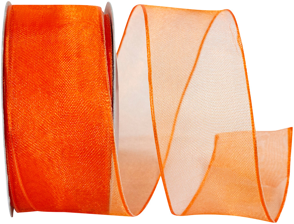 Orange 1-1 2 Inch Elegant Woven Sheer Wired Edge Ribbon for Wreaths & Bows