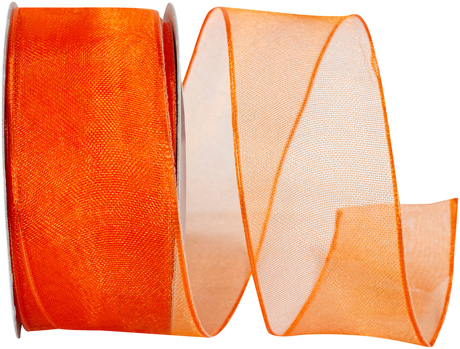 Orange 1-1 2 Inch Elegant Woven Sheer Wired Edge Ribbon for Wreaths & Bows