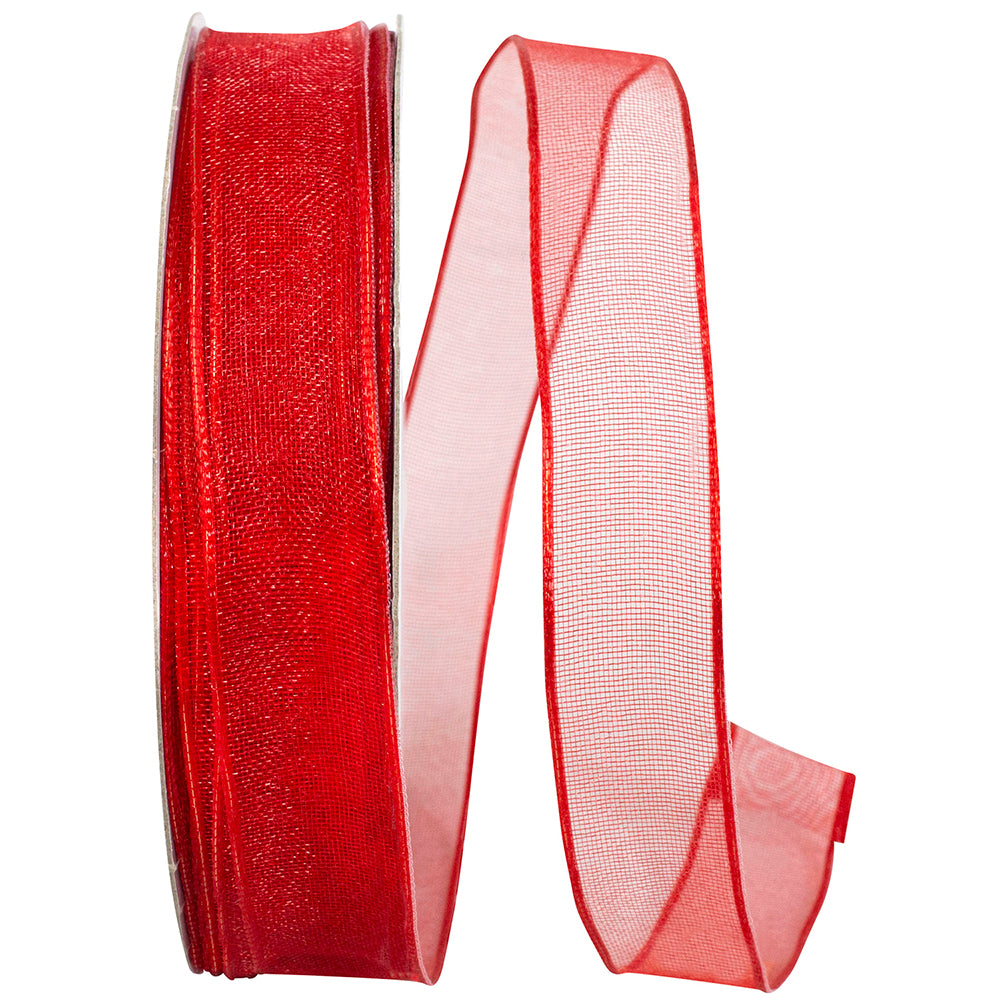 Red 5 8 Inch Elegant Woven Sheer Wired Edge Ribbon for Wreaths & Bows