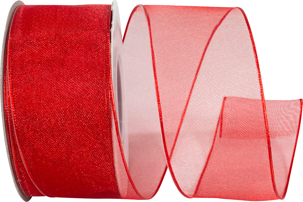 Red 1-1 2 Inch Elegant Woven Sheer Wired Edge Ribbon for Wreaths & Bows