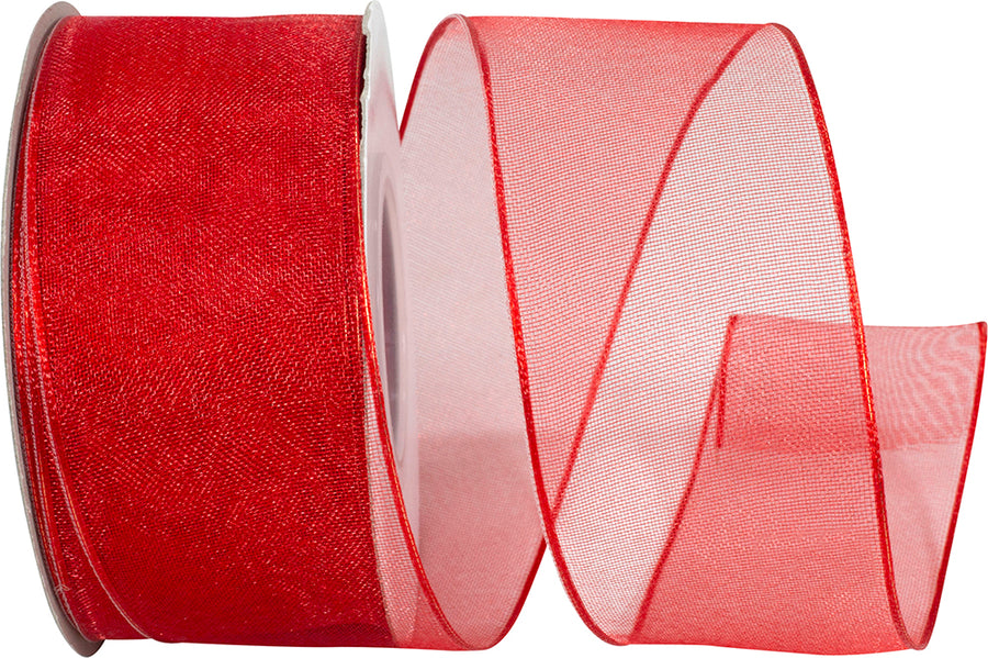 Red 1-1 2 Inch Elegant Woven Sheer Wired Edge Ribbon for Wreaths & Bows