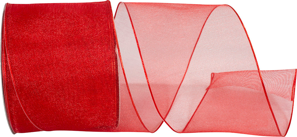 Red 2-1 2 Inch Elegant Woven Sheer Wired Edge Ribbon for Wreaths & Bows