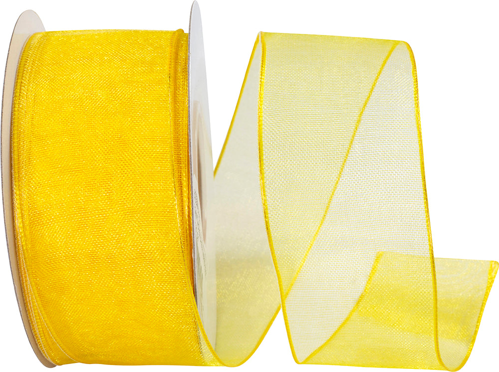 Yellow 1-1 2 Inch Elegant Woven Sheer Wired Edge Ribbon for Wreaths & Bows