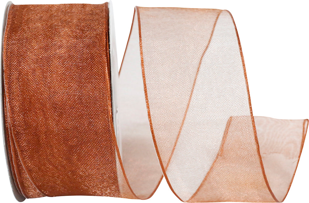 Copper 1-1 2 Inch Elegant Woven Sheer Wired Edge Ribbon for Wreaths & Bows