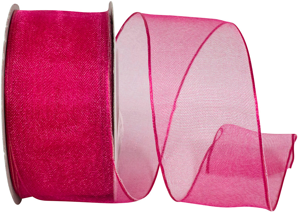 Fuchsia 1-1 2 Inch Elegant Woven Sheer Wired Edge Ribbon for Wreaths & Bows
