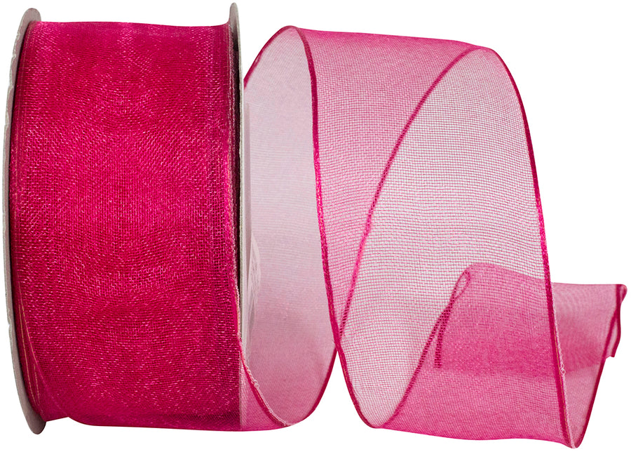 Fuchsia 1-1 2 Inch Elegant Woven Sheer Wired Edge Ribbon for Wreaths & Bows
