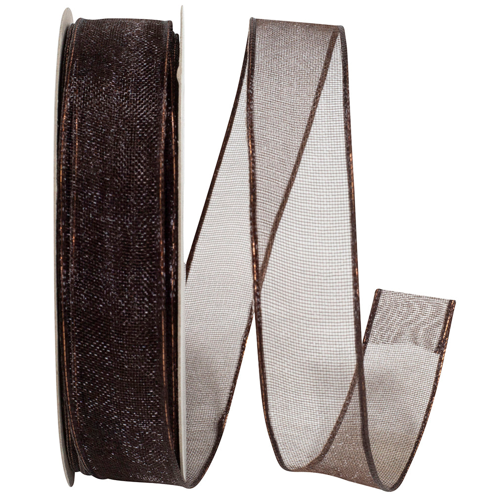 Chocolate 5 8 Inch Elegant Woven Sheer Wired Edge Ribbon for Wreaths & Bows