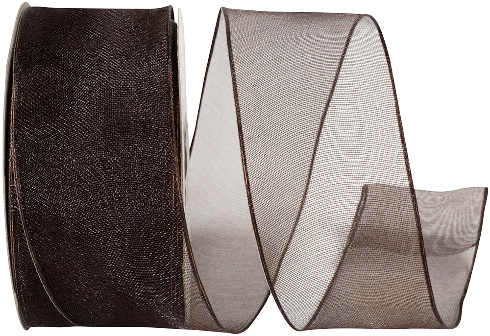 Chocolate 1-1 2 Inch Elegant Woven Sheer Wired Edge Ribbon for Wreaths & Bows