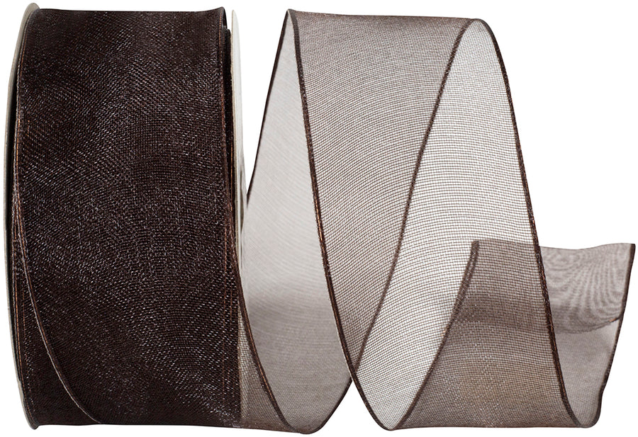 Chocolate 1-1 2 Inch Elegant Woven Sheer Wired Edge Ribbon for Wreaths & Bows