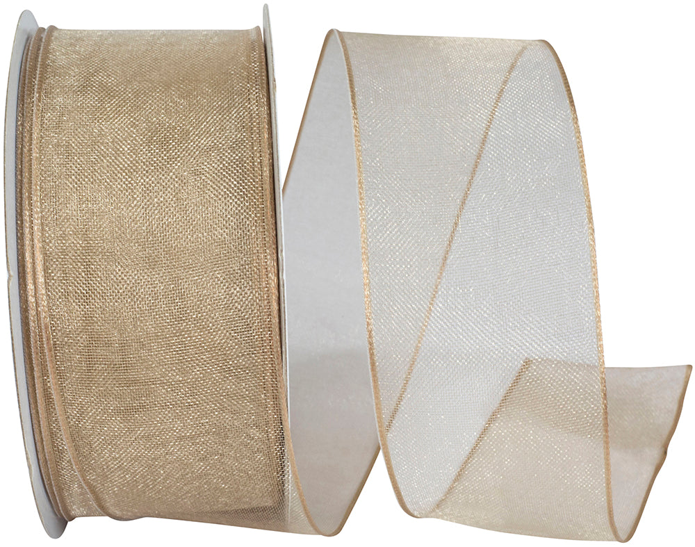 Champagne 1-1 2 Inch Elegant Woven Sheer Wired Edge Ribbon for Wreaths & Bows