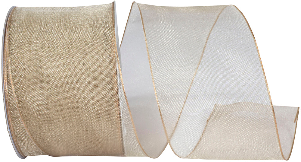 Champagne 2-1 2 Inch Elegant Woven Sheer Wired Edge Ribbon for Wreaths & Bows