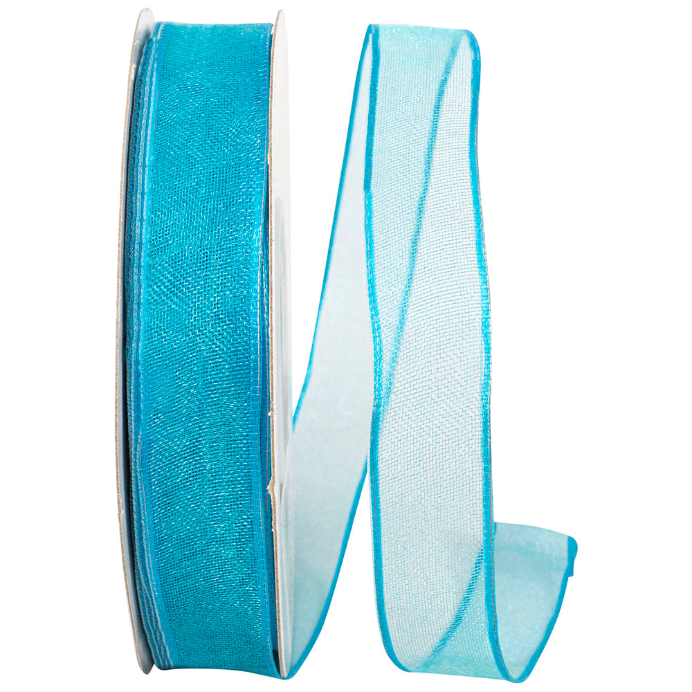 Turquoise 5/8 Inch Woven Sheer Wired Edge Ribbon