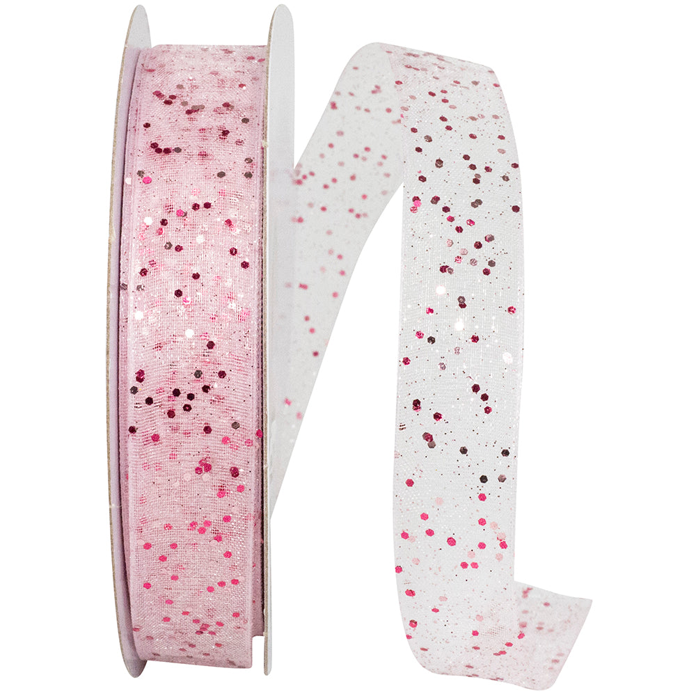Pink Glitter Mono Sheer Ribbon 5/8 Inch for Wreaths