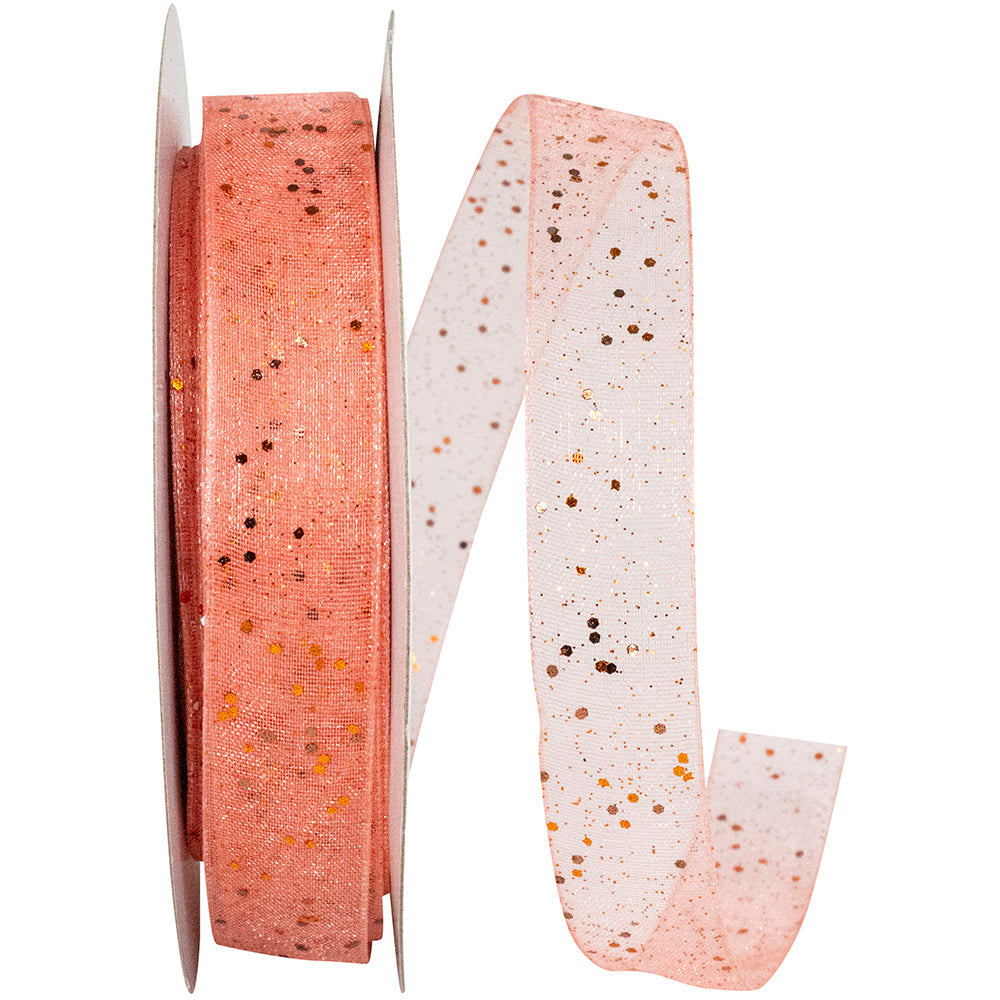 Coral Glitter Mono Sheer Ribbon 5/8 Inch for Wreaths